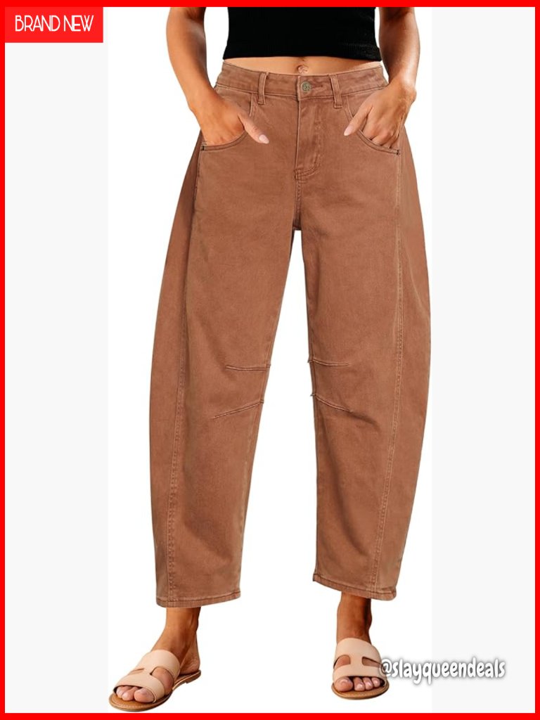 High Waisted Wide Leg Barrel Jeans Cropped Stretch Denim Pants
